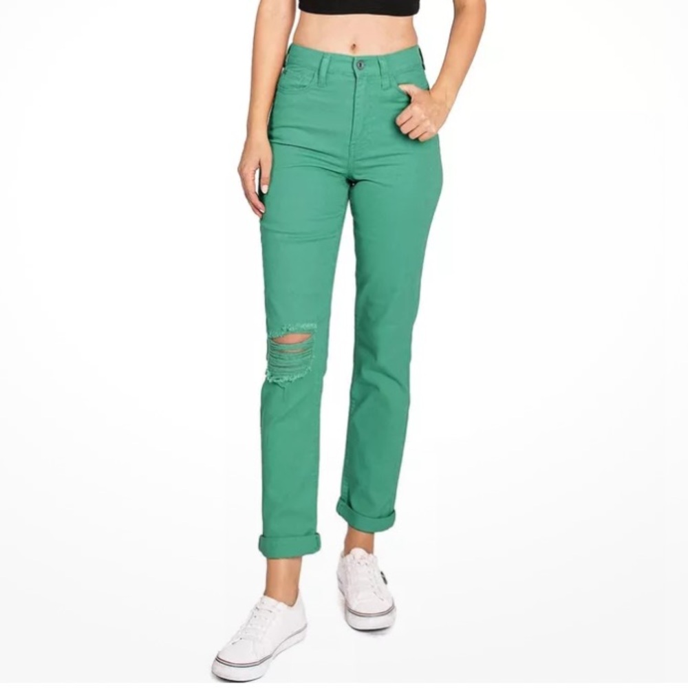 🔹Celebrity Pink‎ Green Roll Up Straight Leg Distressed Jeans Size 7/28